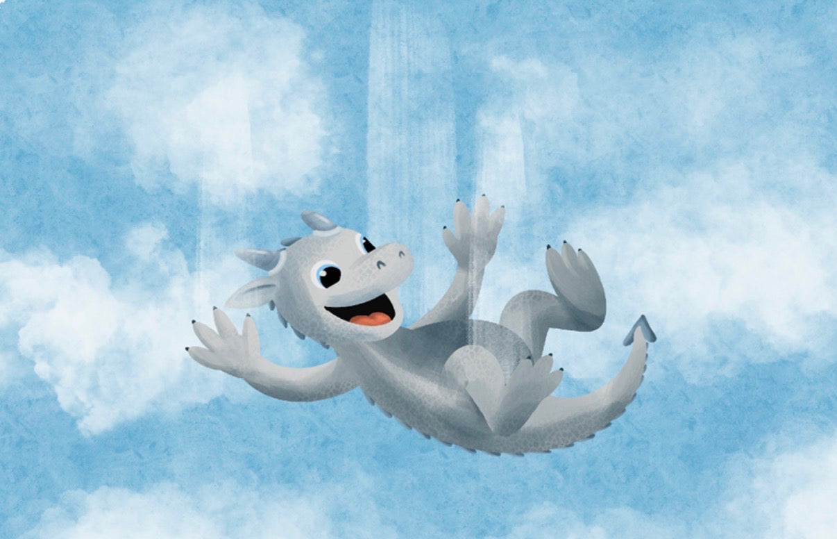 Cartoon dragon falling through the sky