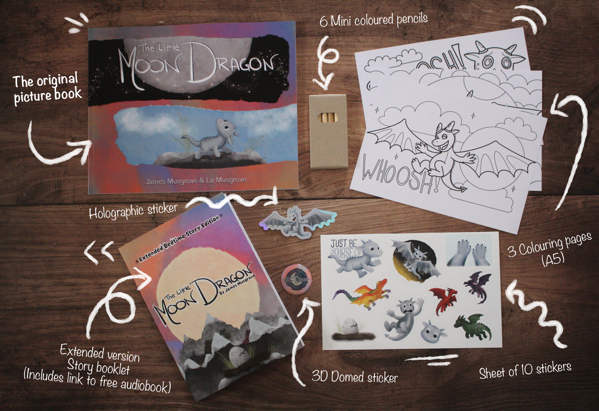 A flat lay of a children's book set and coloring materials arranged on a wooden surface, with handwritten callouts pointing to the original Moon Dragon picture book, mini colored pencils, coloring pages, stickers, and an extended version story booklet.