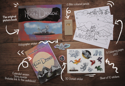 A flat lay of a children's book set and coloring materials arranged on a wooden surface, with handwritten callouts pointing to the original Moon Dragon picture book, mini colored pencils, coloring pages, stickers, and an extended version story booklet.